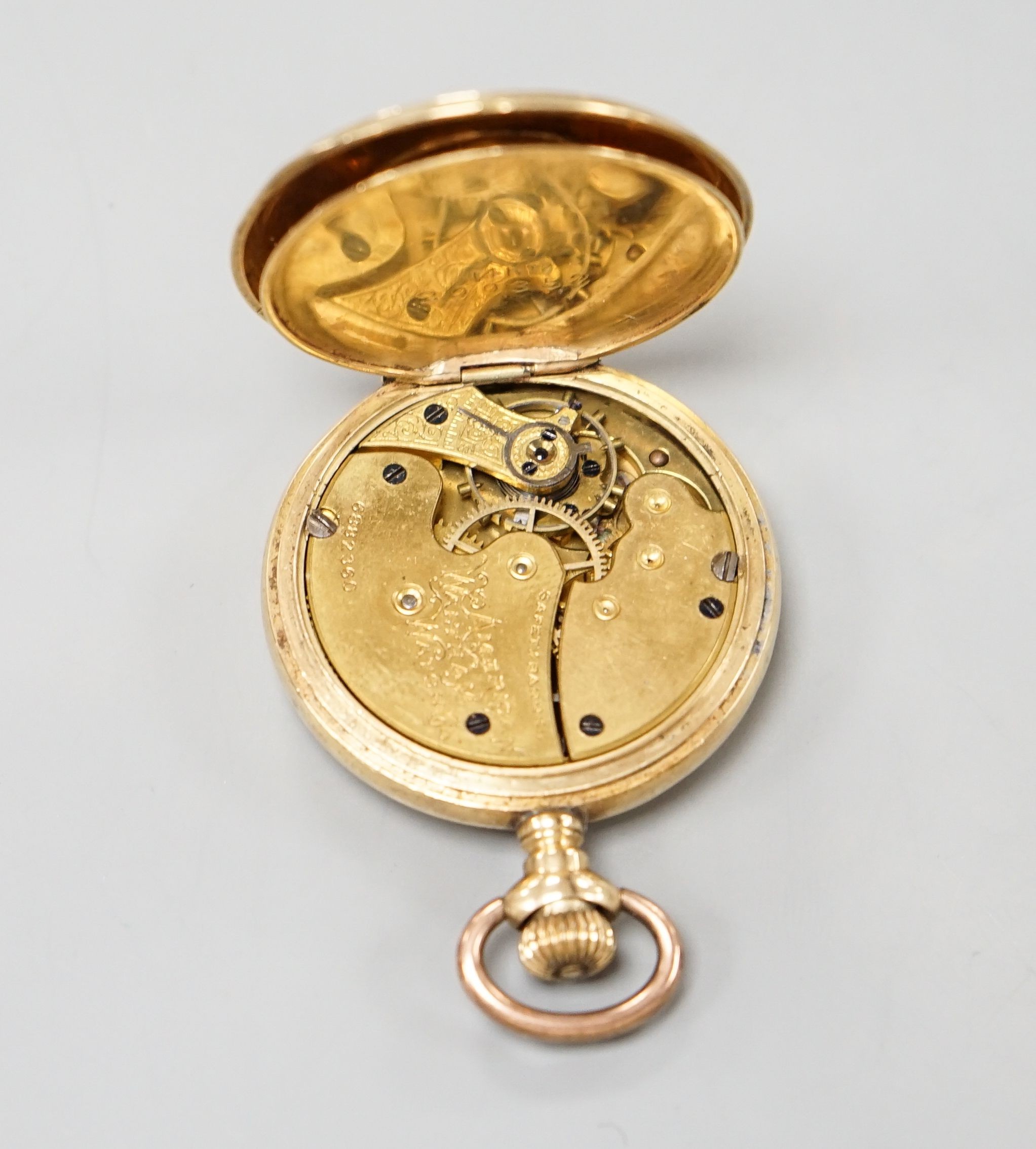 An early 20th century 14kt and rose cut diamond set Waltham hunter keyless fob watch
